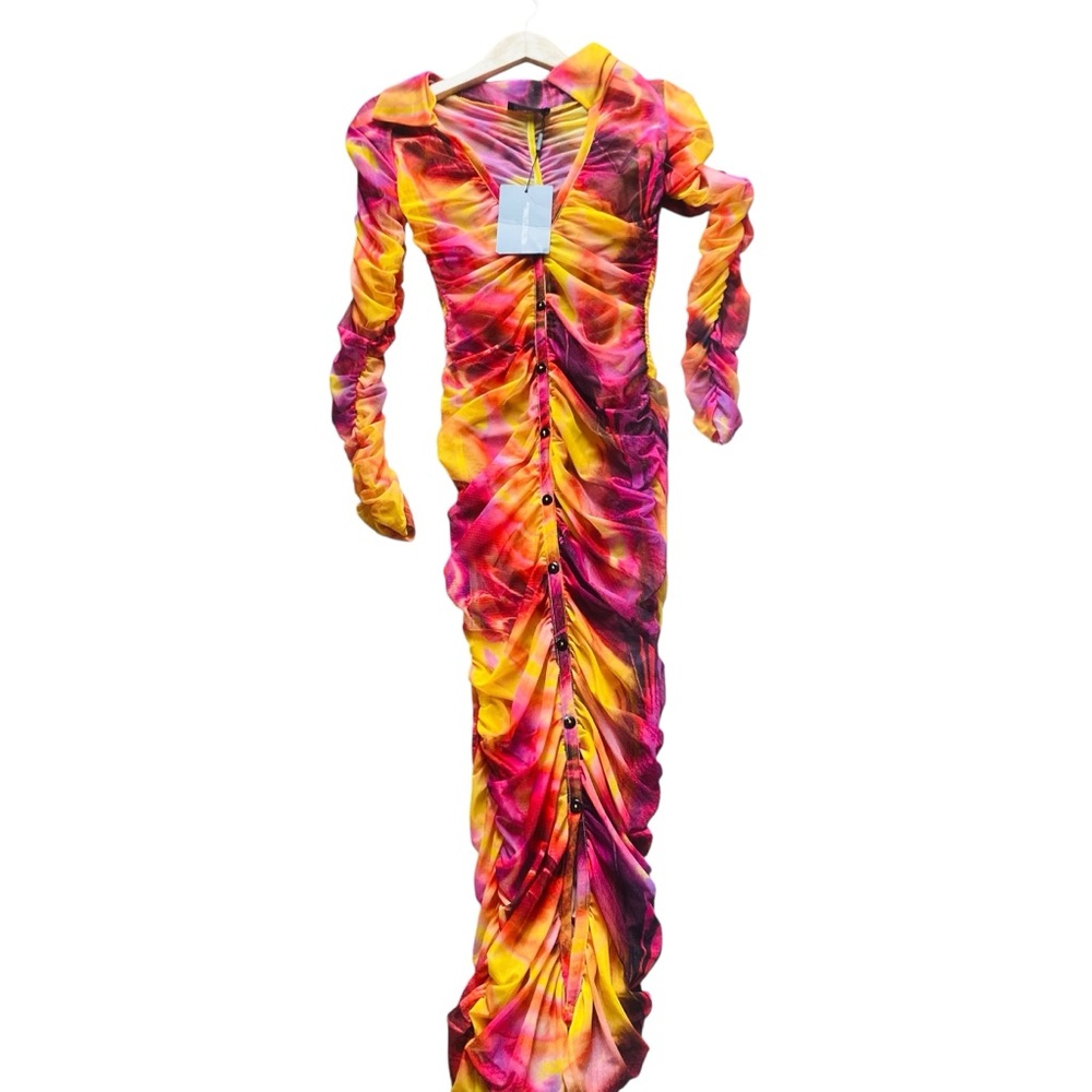 ⭐️ PRETTYLITTLETHING NWT Brown Tiger Printed Ruched Midi Dress Button Down - Picture 3 of 11